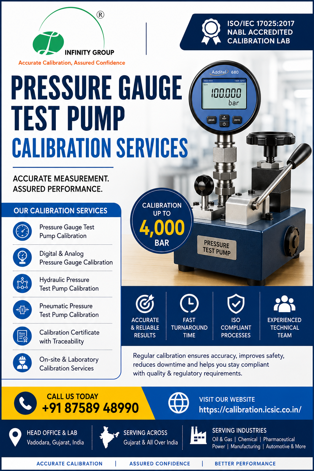 Pressure Gauge Calibration Services by ICS International Certification LLP. NABL traceable pressure gauge calibration, testing, adjustment, and calibration certificate for industrial pressure gauges, hydraulic gauges, pneumatic gauges, process instruments, manufacturing plants, pharmaceuticals, oil & gas, power plants, and engineering industries across India.