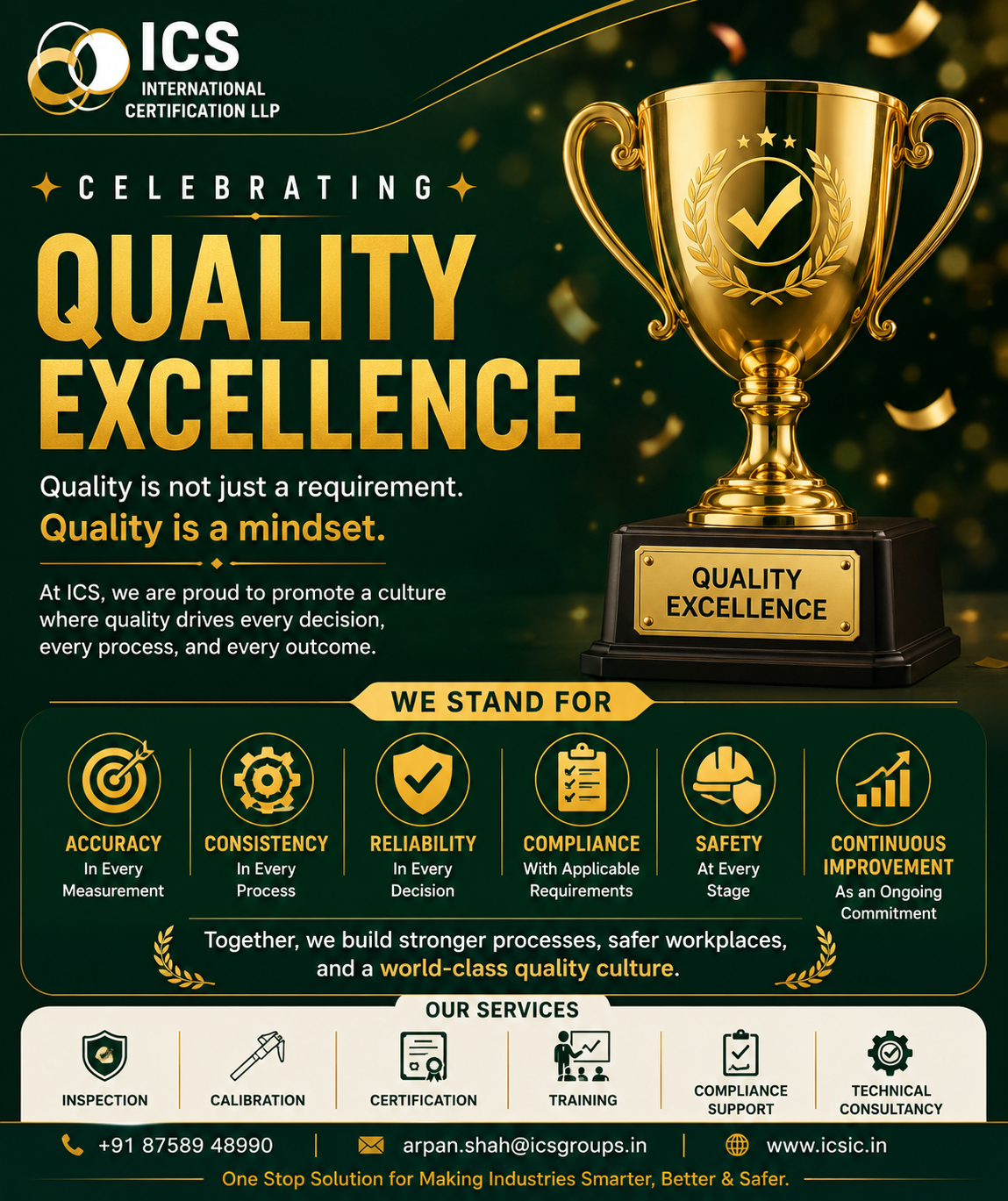 Celebrating Quality Excellence with a trophy representing accuracy, consistency, reliability, compliance, safety, and continuous improvement.