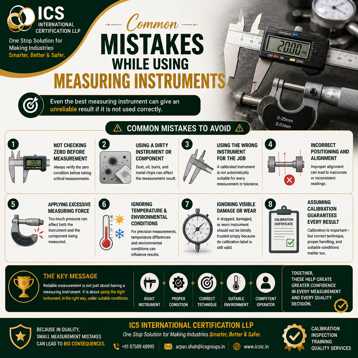 Common mistakes while using measuring instruments, including incorrect alignment, zero errors, dirty measuring surfaces, improper handling, and wrong measurement techniques.
