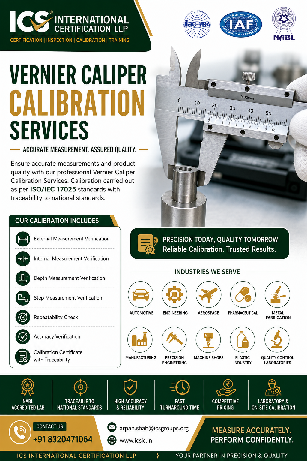 Vernier Caliper Calibration Services by ICS International Certification LLP – ISO/IEC 17025 traceable precision calibration for accurate dimensional measurement.