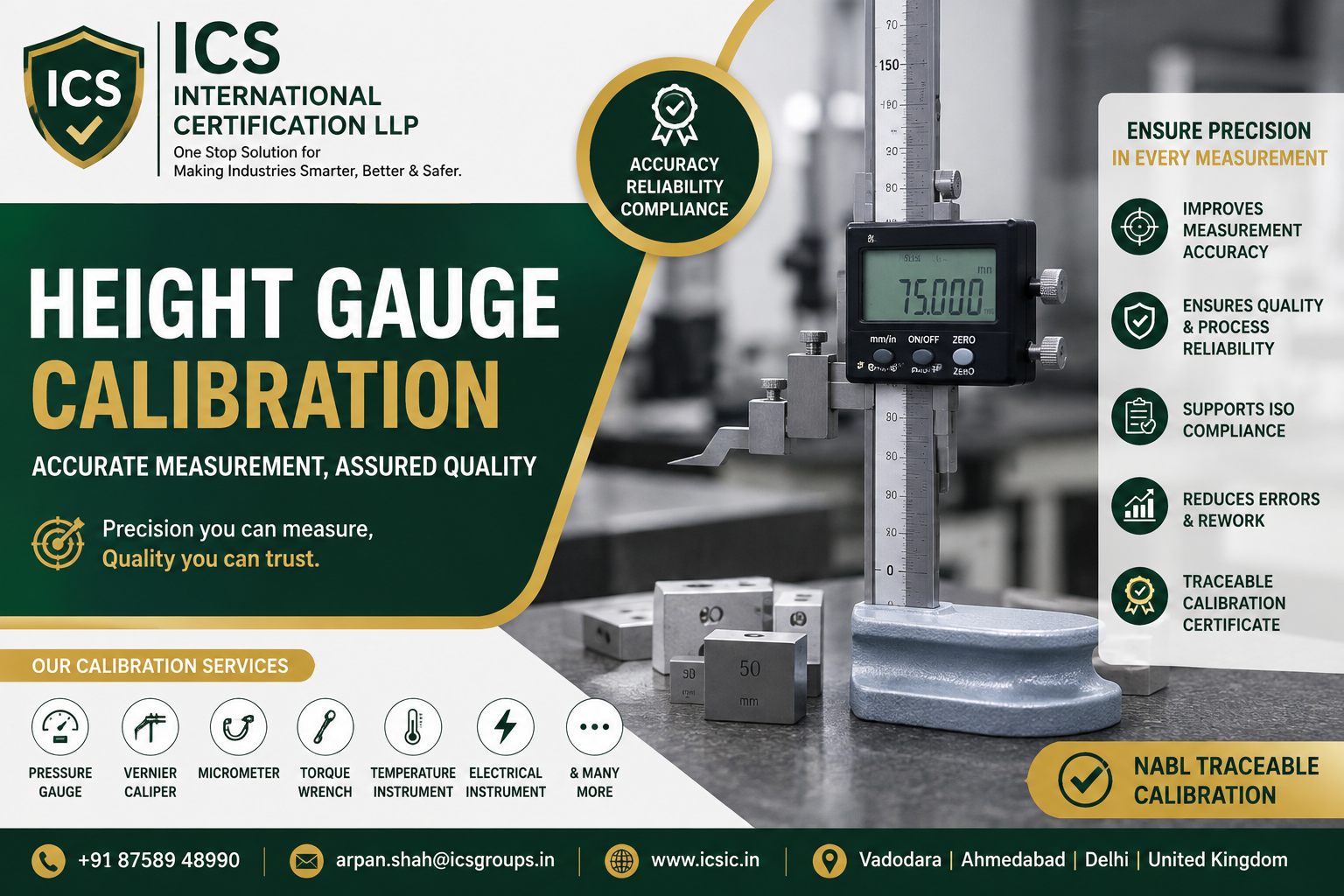 Height Gauge Calibration Services by ICS International Certification LLP ensuring accurate dimensional measurement, precision inspection, traceable calibration certificates, and ISO-compliant metrology solutions for manufacturing, engineering, automotive, aerospace, pharmaceutical, and quality control industries.