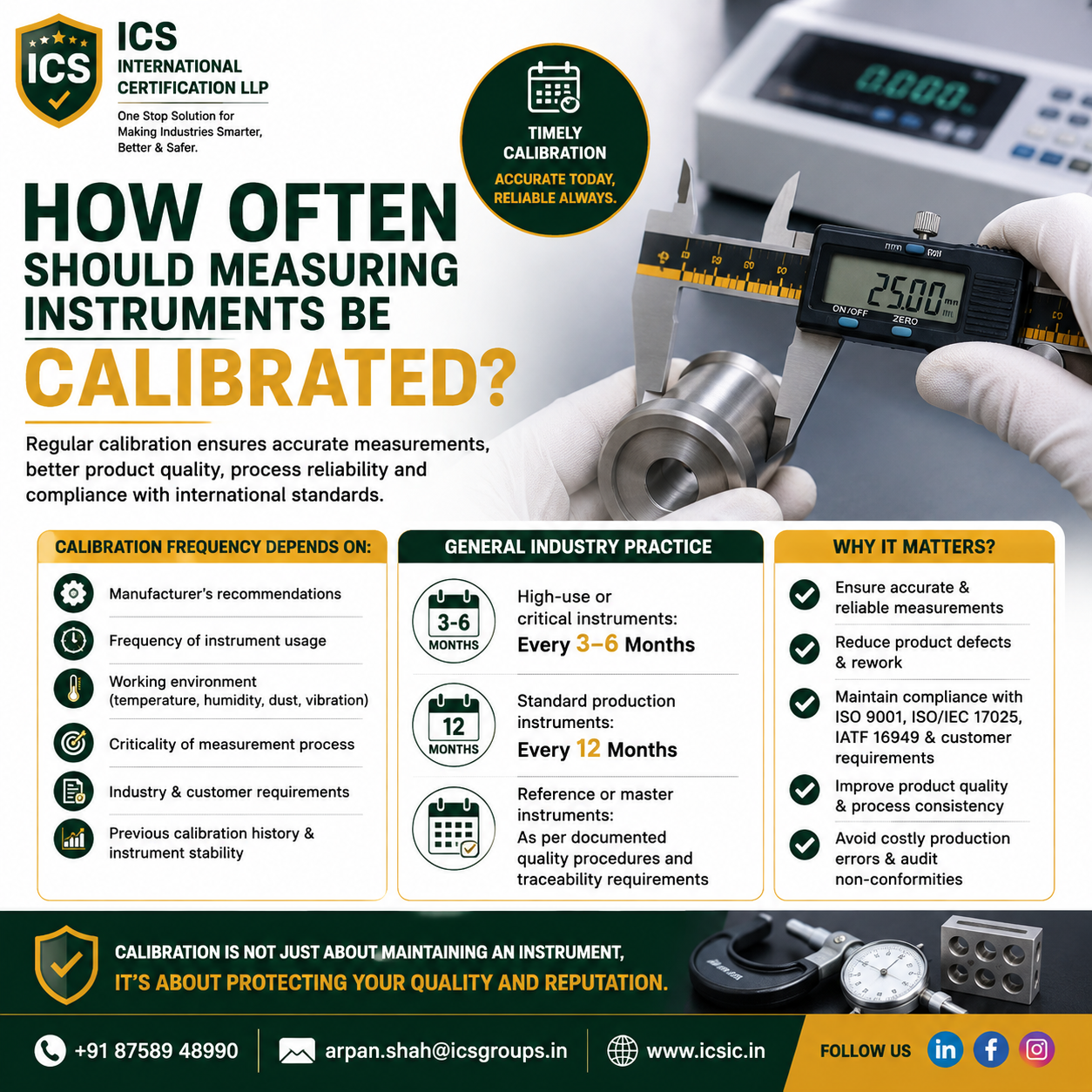 How often should measuring instruments be calibrated? Professional calibration services for vernier calipers, height gauges, pressure gauges, micrometers, and industrial measuring instruments to ensure accuracy, ISO compliance, and reliable quality control by ICS International Certification LLP.